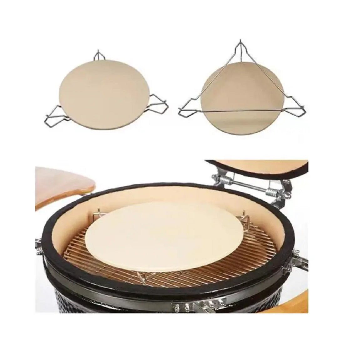 Ceramic pizza stone with metal elevator and heat deflector, designed for Kamado BBQ ovens, showcasing a smooth, round surface
