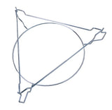 Stainless steel 3-in-1 pizza stone holder with a circular base and triangular support arms for Kamado BBQ ovens
