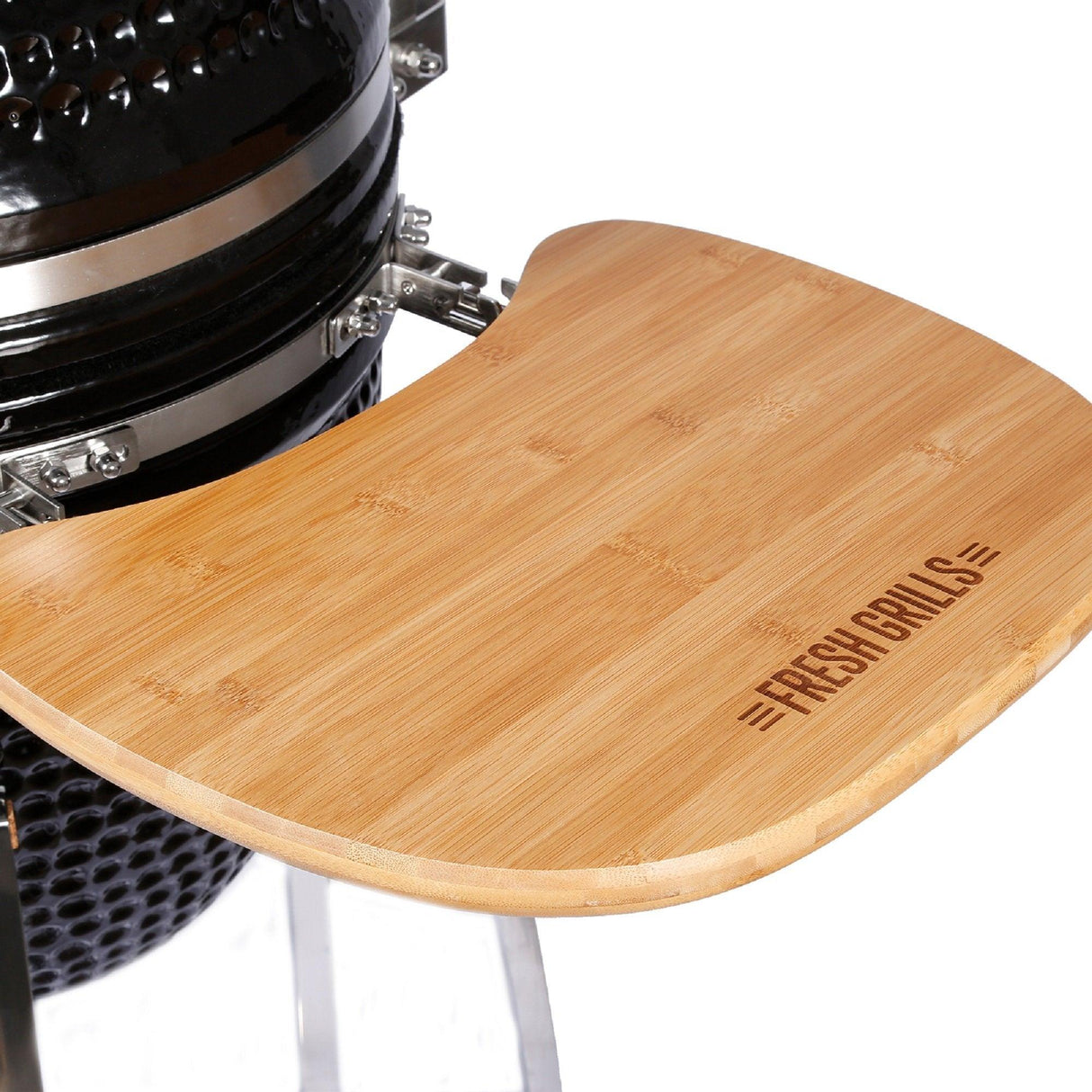 Black Kamado charcoal BBQ grill with a bamboo side shelf, featuring the Fresh Grills logo, showcasing sleek design and sturdy construction