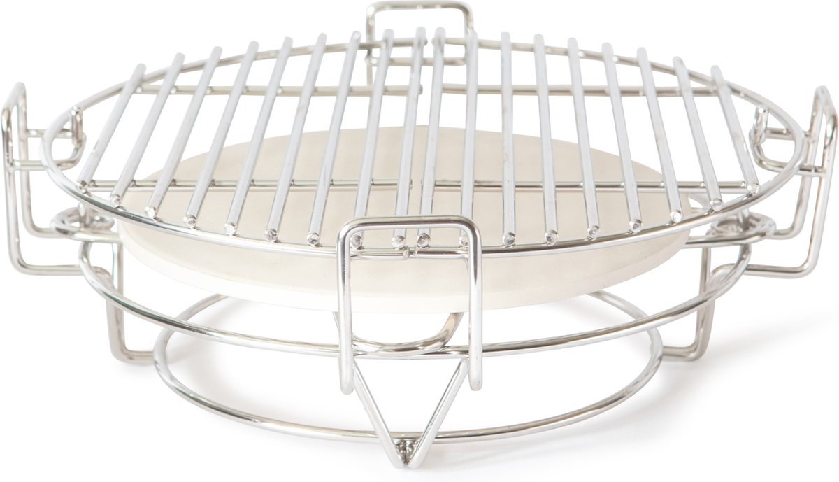 Stainless steel cooking rack with a ceramic heat deflector, designed for versatile grilling and smoking in a kamado grill
