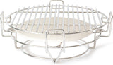 Stainless steel cooking rack with a ceramic heat deflector, designed for versatile grilling and smoking in a kamado grill