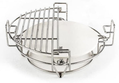 Kamado Divide and Conquer cooking system features a durable stainless steel frame with a ceramic cooking surface and adjustable grates