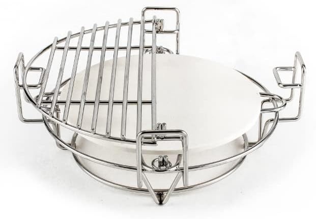 Kamado Divide and Conquer cooking system featuring a round ceramic heat deflector and stainless steel grilling rack for versatile cooking