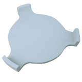 White ceramic heat deflector for Kamado grills, featuring a round shape with notched edges for easy placement and heat distribution