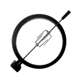 Kamado rotisserie grill attachment featuring a sturdy black circular frame and stainless steel spit with prongs for even cooking
