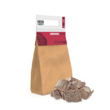 Brown paper bag containing cherrywood chunks, ideal for BBQ grills and smokers, showcasing rich, textured wood pieces