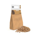 Light brown bag of Fresh Grills oak wood pellets, with a textured surface, spilling out onto a white background, ideal for BBQ and smoking