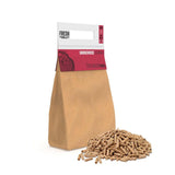Brown paper bag of Fresh Grills cherrywood pellets for BBQ grills and smokers, with a pile of pellets in front, showcasing texture and color