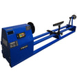 Blue T-Mech wood lathe with a sturdy metal frame, adjustable tool rest, and control panel, designed for precision woodturning projects