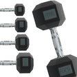 Hexagonal black dumbbells ranging from 1 kg to 40 kg, featuring textured silver grips and clear weight markings for easy identification