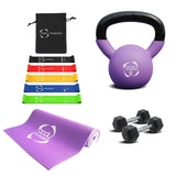 Purple kettlebell, black and colorful resistance bands, dumbbells, and a purple exercise mat arranged on a white background