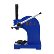 Heavy-duty blue T-Mech arbor press with a sturdy metal frame, adjustable lever, and black rubber base for stability