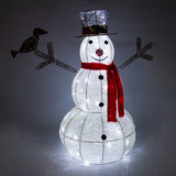 Brightly lit snowman with a red scarf, black hat, and cheerful smile, surrounded by twinkling lights for festive decor