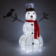 Brightly lit snowman with a red scarf, silver hat, and bird, featuring a textured white body and cheerful smile, perfect for holiday decor