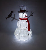 Brightly lit snowman with a black top hat, red scarf, and bird, featuring a textured white body and glowing LED lights