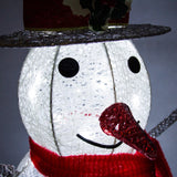 Brightly lit snowman with a red scarf, black eyes, and a silver hat adorned with holly, showcasing a festive holiday design