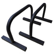 Sturdy black parallettes with a matte finish, featuring wide bases and curved handles for enhanced grip and stability during workouts