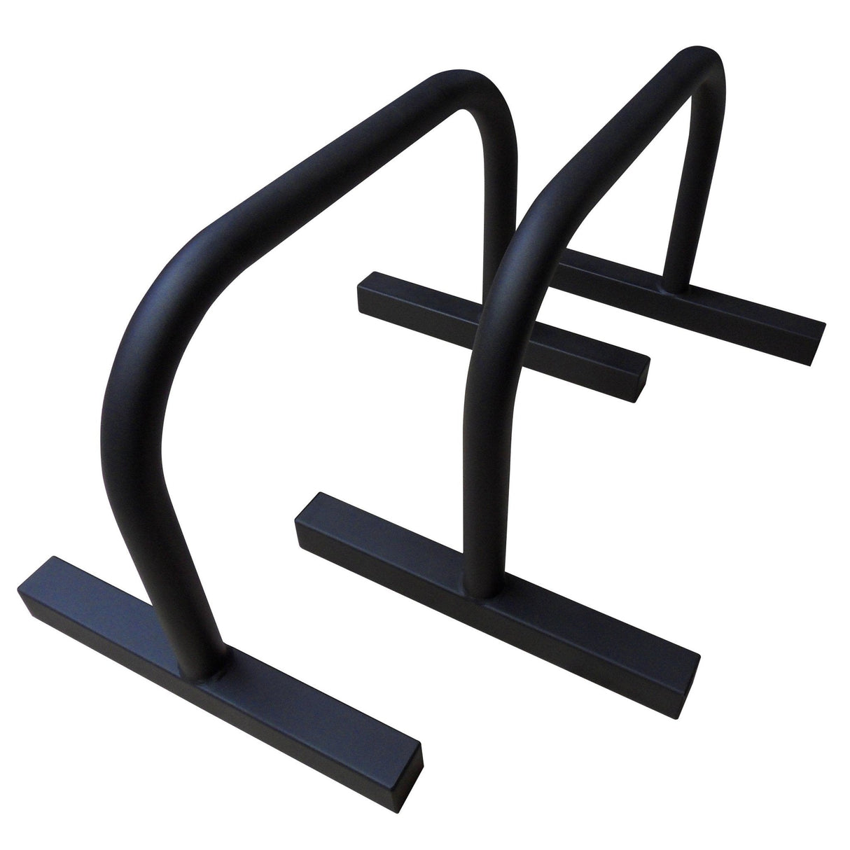 Sturdy black parallettes with a matte finish, featuring wide bases and curved handles for enhanced grip and stability during workouts
