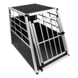 Large dog crate with a single door, featuring a sturdy aluminum frame, black textured floor, and a secure metal grid design