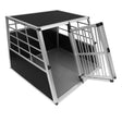 Large dog crate with double doors, featuring a sturdy aluminum frame, black textured panels, and a spacious interior for pets