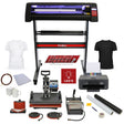 PixMax Da Vinci Bundle features a heat press, vinyl cutter, printer, and accessories, all in sleek black and red, ideal for custom apparel and signage