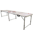 Durable 8FT beer pong table featuring a sleek white surface with red graphics, sturdy aluminum frame, and foldable design for easy transport