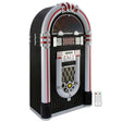 Retro jukebox vinyl record player with chrome accents, vibrant colors, and a sleek black finish, featuring a remote control for easy use