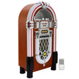 Retro illuminated jukebox sound system with a wooden finish, chrome accents, colorful lights, and a remote control for easy use