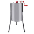 Stainless steel manual honey extractor with a red crank handle, sturdy metal legs, and a sleek, polished finish for easy honey separation