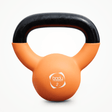 Neoprene kettlebell with a vibrant orange body and a black handle, featuring a logo, designed for strength training and fitness