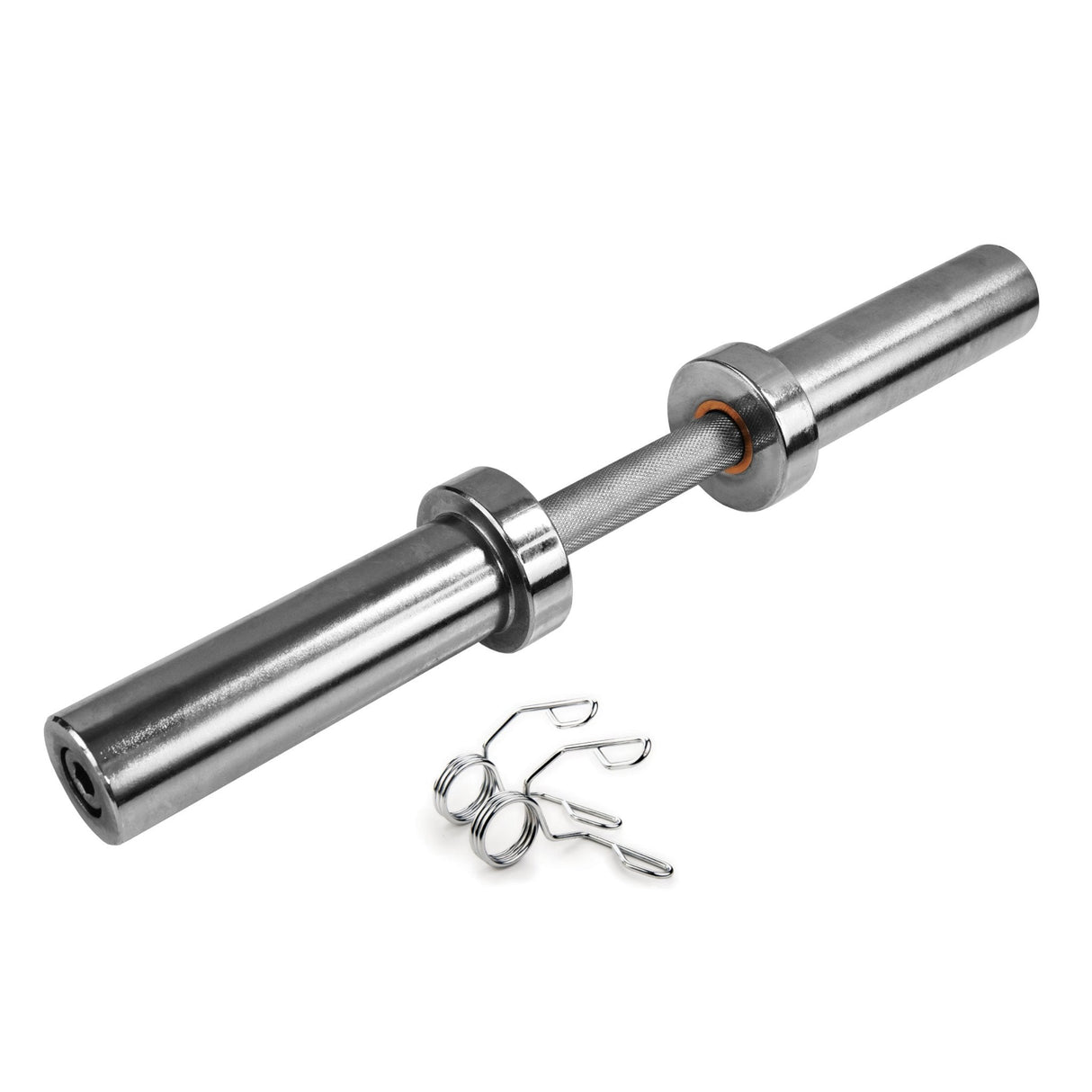 Durable Olympic 2" dumbbell bar in silver steel with textured grip, featuring spring clips for secure weight attachment