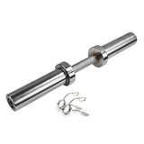 Durable Olympic 2" dumbbell bar in silver steel with textured grip, featuring spring clips for secure weight attachment