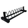 Sturdy black Olympic bumper weight rack with a sleek design, featuring a wave-like holder for organized weight storage
