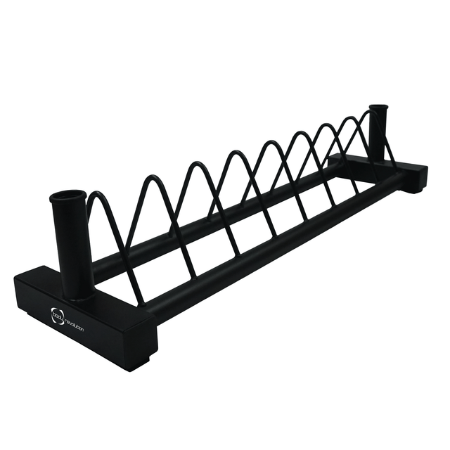 Sturdy black Olympic bumper weight rack with a sleek design, featuring a wave-like holder for organized weight storage