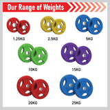 Vibrant Olympic tri-grip rubber weight plates in various colors, showcasing pairs of 1.25kg, 2.5kg, 5kg, 10kg, 15kg, 20kg, and 25kg