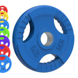 Bright blue Olympic tri-grip rubber weight plate, 5kg, featuring textured grip handles and a central hole for easy lifting, alongside colorful weight pairs