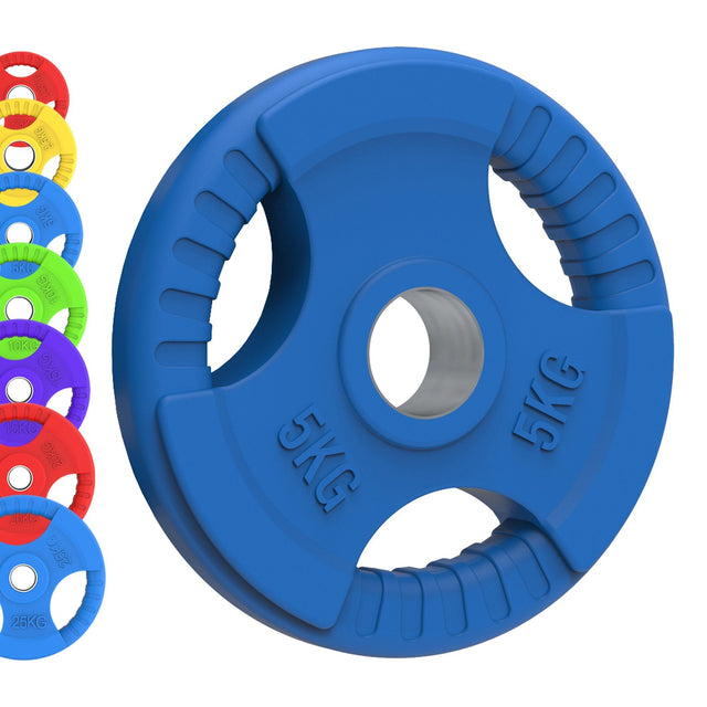 Bright blue 5kg Olympic tri-grip rubber weight plate with textured grip, surrounded by colorful weight plates in various sizes