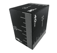Black plyometric box with measurement markings, featuring a sturdy, textured surface for grip and stability during workouts
