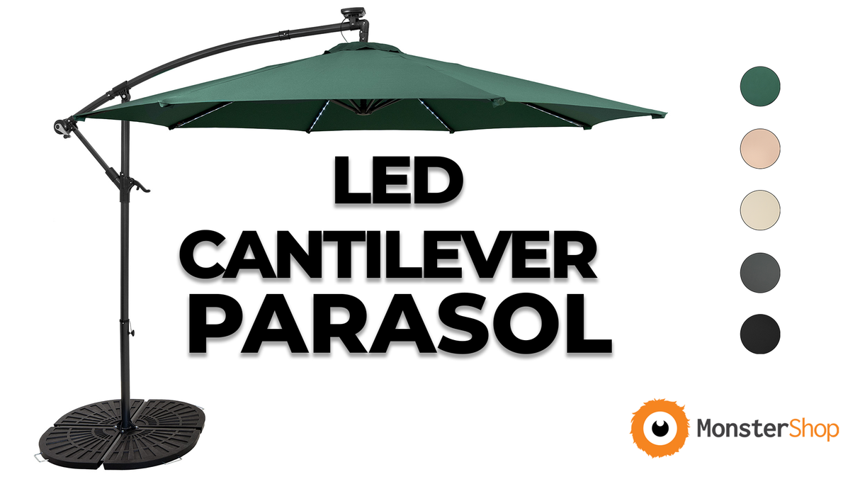 LED Cantilever Parasol 3m With Full Fan Base – Grey