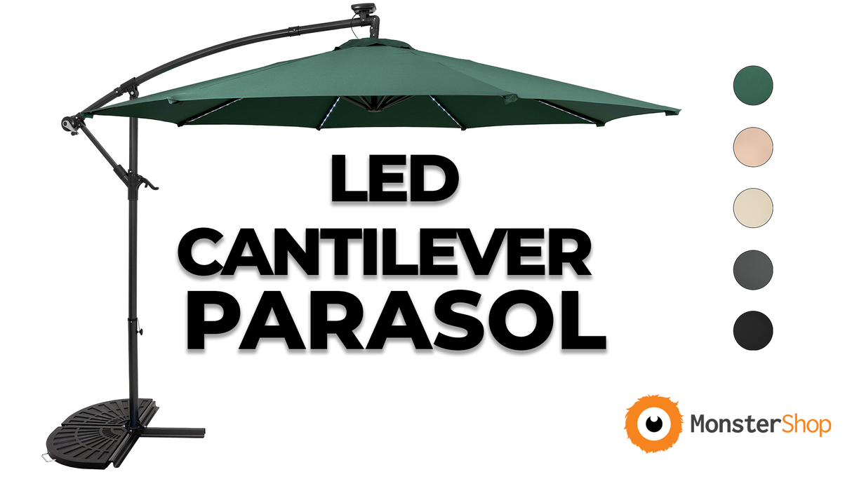 LED Cantilever Parasol 3m With Half Fan Base – Grey