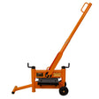 Heavy-duty orange block splitter with a long handle, sturdy base, and wheels for easy mobility, designed for efficient stone cutting