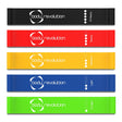 Set of four resistance bands in black, red, yellow, blue, and green, labeled X-Heavy, Heavy, Medium, and Light for strength training