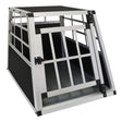 Durable black and silver aluminum dog crate with a single door, featuring a sturdy frame and textured floor for stability