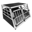 Small double-door car dog crate featuring a sturdy aluminum frame, black textured panels, and a spacious interior for pets