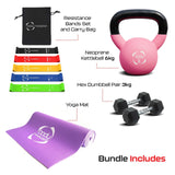 Colorful resistance bands, a pink kettlebell, hex dumbbells, and a purple yoga mat arranged neatly, showcasing a fitness bundle