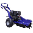 Powerful T-Mech 15HP stump grinder in vibrant blue, featuring rugged tires, a sturdy frame, and a robust engine for efficient tree stump removal