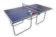 Blue folding table tennis table with a net, paddles, and balls, featuring a sturdy metal frame and smooth playing surface