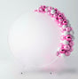 Elegant white wedding moongate arch adorned with glossy pink and white balloons, perfect for ceremonies and photo backdrops