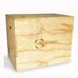 Sturdy wooden plyometric box with a smooth, natural finish and engraved logo, ideal for fitness training and workouts