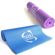 Vibrant blue and purple yoga mats rolled up, featuring a textured surface for grip and a logo in the center, ideal for workouts